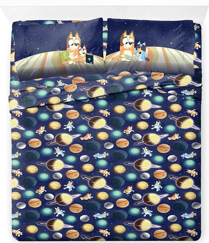 Jay Franco Kids Sheet Set with Fitted, Flat Sheets & Pillow Cover - Ultra-Soft Bedding with Pillowcase for Room Decor, Blue - Bluey & Bingo, 4 Piece Full