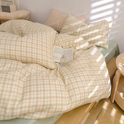 Vintage Beige Plaid Duvet Cover Twin XL 100% Cotton Muslin Grid Checkered Plaid Bedding Set Breathable Linen Like Gauze Comforter Cover Farmhouse Beige Green Gingham Duvet Cover with Zipper Closure