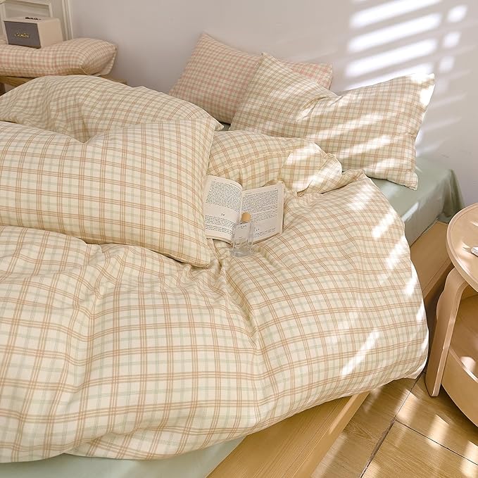 Vintage Beige Plaid Duvet Cover Full 100% Cotton Muslin Beige Green Plaid Checkered Grid Bedding Set Breathable Soft Linen Like Gauze Comforter Cover Farmhouse Gingham Duvet Cover with Zipper Closure