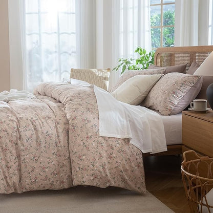 Queen Size Comforter Set Floral Soft 3 Pieces Chic Crinkle Gauze Fabric Garden Style Vintage Floral Print Botanical Comforter for All Seasons Luxury Warmth Comfy Breathable with 2 Pillowcases