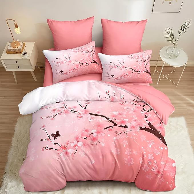 Pink Floral Comforter Set Full Size Cherry Blossom Bedding Set for Girls Boys Japanese Flower Decor Quilt Set - 3Pcs Soft Fluffy Microfiber with 2 Pillowcases(79 * 90)
