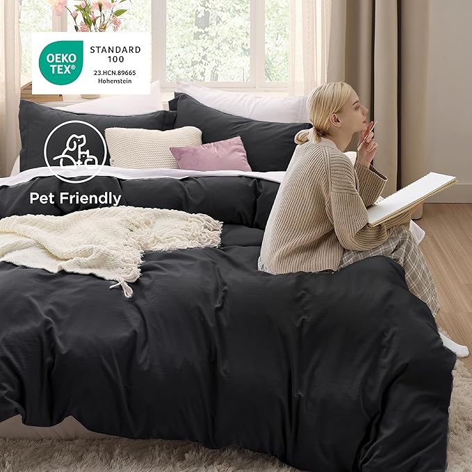 Bedsure Black Duvet Cover King Size - 3 Pieces Prewashed Cotton-Like Polyester Extra Soft Bedding Set, Includes 1 Duvet Cover 104x90 Inches with Zipper Closure & 2 Pillow Shams, Comforter Not Included