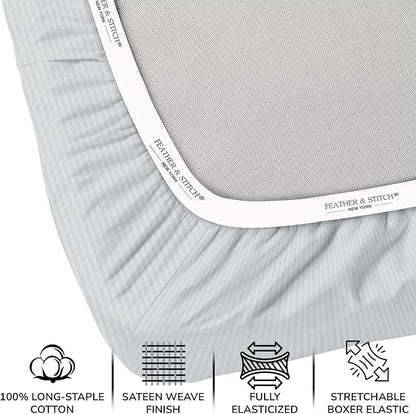 Feather & Stitch 500 TC Queen Size Damask Bed Sheet Set, 100% Cotton Soft Breathable Bedsheets, 4 Piece 18" Deep Pockets Sateen Weave Striped Bedding Mattress Resort Hotel Luxury - (Blue Blush Stripe)