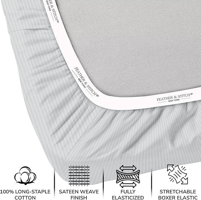 Feather & Stitch 500 TC Full Size Damask Bed Sheet Set, 100% Cotton Soft Breathable Bedsheets, 4 Piece 18" Deep Pockets Sateen Weave Striped Bedding Mattress Resort Hotel Luxury - (Blue Blush Stripe)