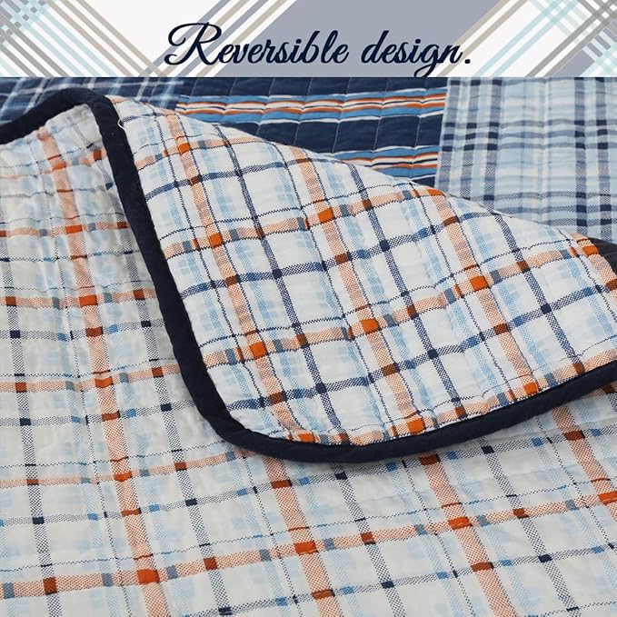 Cozy Line Home Fashions Bennett Quilt Bedding Set, Nautical Navy Orange Grid Striped 100% Cotton Reversible Coverlet Bedspread for Boy (Navy Orange, Twin - 2 Piece)