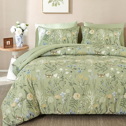 Yiran Sage Green Floral Comforter Set Queen Size, 7 Piece Botanical Comforter Bedding Set, Farmhouse Bed in a Bag, Soft Microfiber Complete Bedding Set with Sheets for All Season