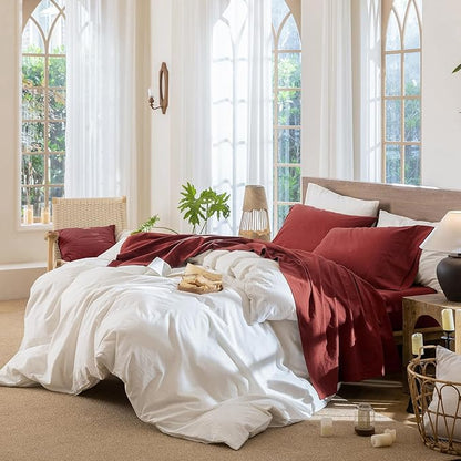 MooMee Fitted Bottom Sheet Only 100% Washed Cotton Linen Like Textured Breathable Durable Soft Comfy Deep Pocket Fits Mattress up to 17" (Solid Fired Brick Red, King)