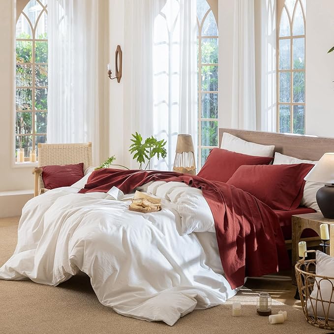 MooMee Fitted Bottom Sheet Only 100% Washed Cotton Linen Like Textured Breathable Durable Soft Comfy Deep Pocket Fits Mattress up to 17" (Solid Fired Brick Red, Twin)