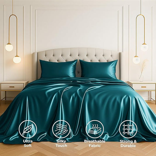 Pure Bedding Satin Sheets Full [4-Piece, Teal] Hotel Luxury Silky Bed Sheets - Extra Soft 1800 Microfiber Sheet Set, Wrinkle, Fade, Deep Pocket Fitted Sheet, Flat Sheet, Pillow Cases