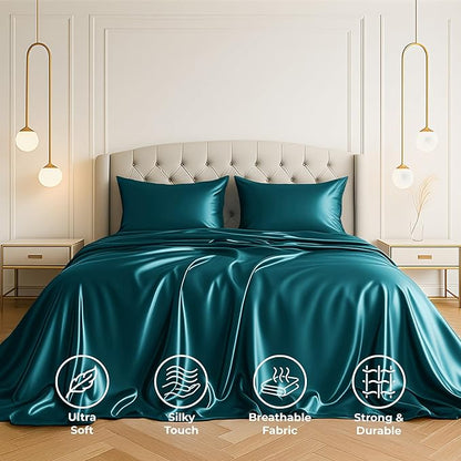 Satin Sheets Queen [4-Piece, Teal] Hotel Luxury Silky Bed Sheets - Extra Soft 1800 Microfiber Sheet Set, Wrinkle, Fade, Stain Resistant - Deep Pocket Fitted Sheet, Flat Sheet, Pillow Cases