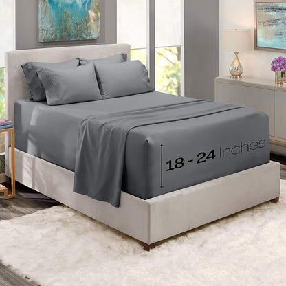 Hearth & Harbor Luxury Soft 6 Piece Bed Sheet Set Extra Deep Pocket Fitted Sheets Fits Mattress up to 21", Double Brushed Bedding Sheets & Pillowcases, Twin, Frost Gray