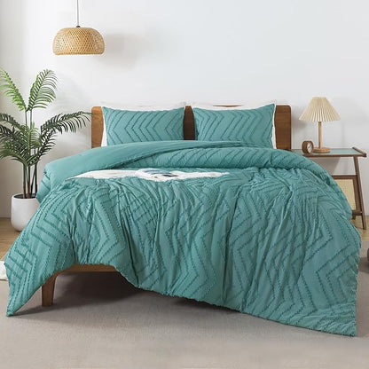 Andency Grayish Teal Comforter Set Queen Size, Boho Soft Warm Tufted Bedding Comforter Sets for Queen Size Bed, 3 Pieces Aesthetic Chevron Farmhouse Cute Bohemian Textured Bed Set
