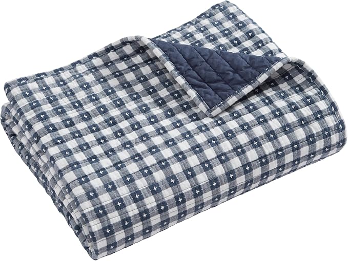 Levtex Home - Camden Gingham Stitch Navy Quilted Throw (50x60in) - Textured Gingham - Lightweight Cotton Throw Blanket - Navy and White - Reversible - Cotton