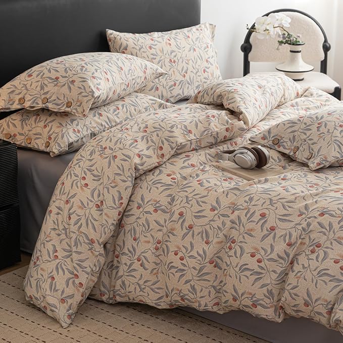 mixinni Cotton Linen Floral Duvet Cover Set, Vintage Botanical Print Comforter Cover with Wooden Buttons,Soft Breathable Blue Red Floral Boho Farmhouse Bedding Set for All Season-Queen Size