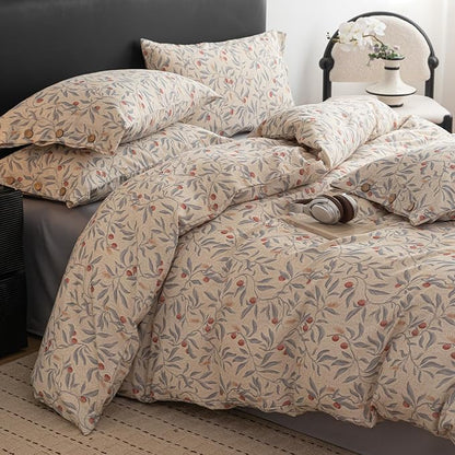 mixinni Cotton Linen Floral Duvet Cover Set, Vintage Botanical Print Comforter Cover with Wooden Buttons,Soft Breathable Blue Red Floral Boho Farmhouse Bedding Set for All Season-Queen Size