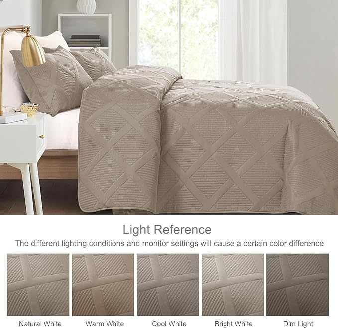 Exclusivo Mezcla Full Queen Size Quilt Set with Modern Striped Pattern, 3 Pieces Summer Lightweight Taupe Quilts Bedding Set, Soft Bedspreads Coverlets for All Seasons