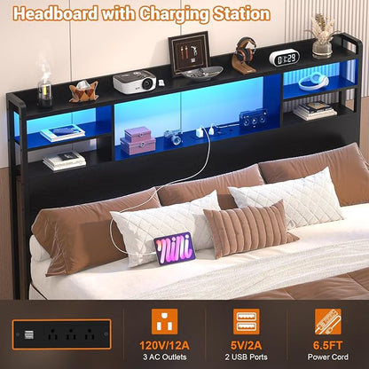 Aheaplus Headboard for Queen Size Bed with Storage, Headboards with LED Light, Power Outlets, USB Ports Queen Size Head Board, Wood headboard Only Sturdy and Stable Headboards, Modern, Black