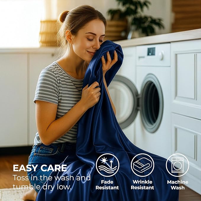 Satin Sheets Queen [4-Piece, Navy] Hotel Luxury Silky Bed Sheets - Extra Soft 1800 Microfiber Sheet Set, Wrinkle, Fade, Stain Resistant - Deep Pocket Fitted Sheet, Flat Sheet, Pillow Cases