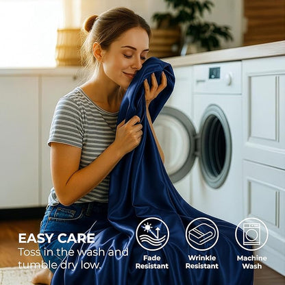 Pure Bedding Satin Sheets Full [4-Piece, Navy] Hotel Luxury Silky Bed Sheets - Extra Soft 1800 Microfiber Sheet Set, Wrinkle, Fade, Deep Pocket Fitted Sheet, Flat Sheet, Pillow Cases
