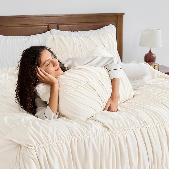 Andency Ruched Beige Full Size Comforter Sets, Shabby Chic Pleatd Bedding Sets 3 Pieces, Lightweight Soft Boho Ruffle Bed Set for Girls, Kids, Women, All Season