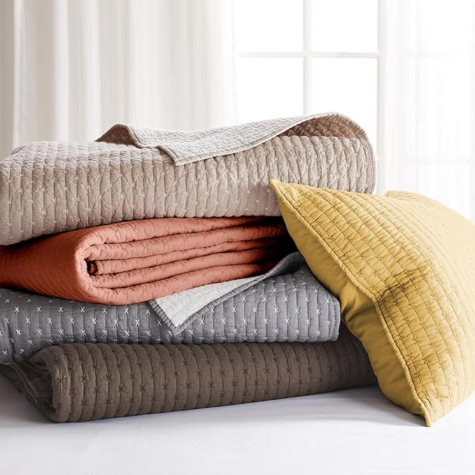Levtex Home Cross Stitch Reversible Full/Queen Quilt Set (88x92in) with 2 Pillow Shams (26x20in) - Stitch Texture - Cocoa - Cotton Full/Queen Size Quilt Bedding Set - Lightweight, Soft, Pre-Washed