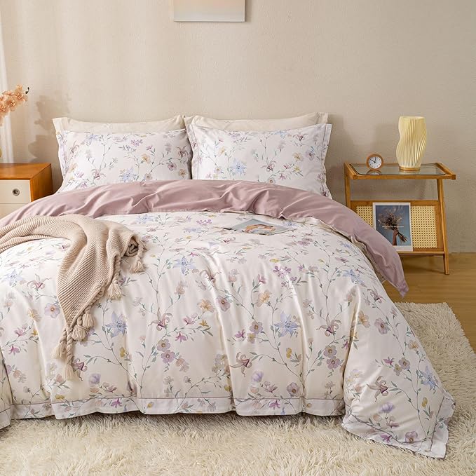 OAITE Duvet Cover Set King Size Floral Pattern Ultra Soft 100% Cotton Duvet Cover Sets 3-PC, Breathable Duvet Cover with Zipper Closure & Corner Ties(2 Pillow Shams,1 Duvet Cover)