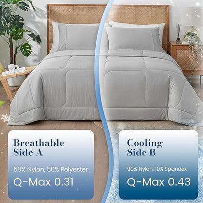 Amélie Home Cooling Comforter Queen Size, Dual-Sided Lightweight Cooling Blanket for Hot Sleepers, Q-Max 0.43 Breathable Cooling Quilt for Night Sweats, 90" x 90", Heather Cool Grey