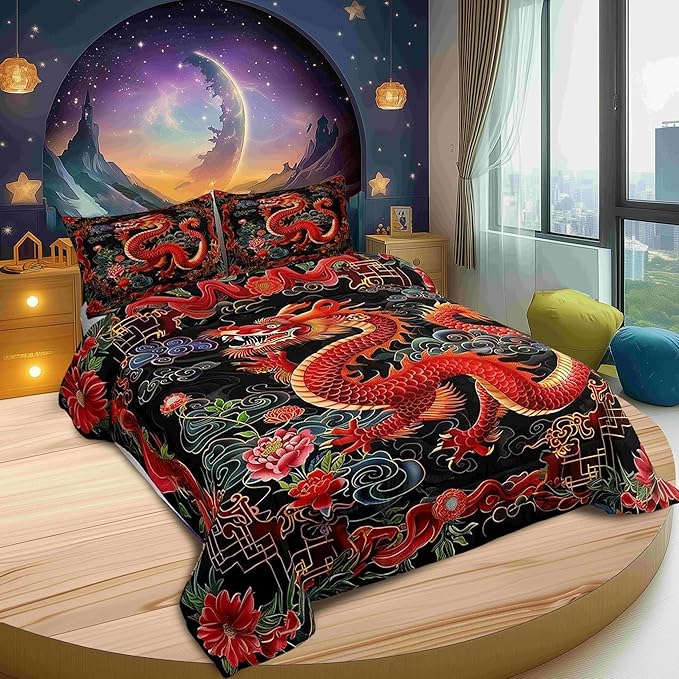 Castle Fairy Chinese Loong 3 Pcs Queen Size Comforter Set,Exotic Chinese Style Down Alternative Adults Bedroom Decor,Watercolor Flowers Ultra Soft Microfiber Inner Fill 3Pcs Bedding