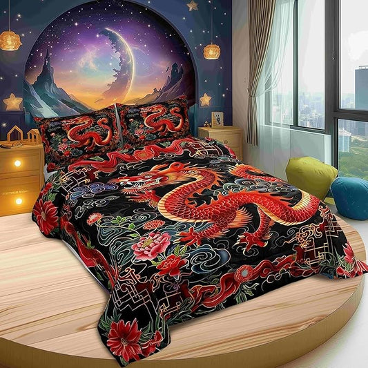 Castle Fairy Chinese Loong Kids Comforter Set,Watercolor Flowers Bedding Set All Season,Exotic Chinese Style Comforter 2 Pcs with 1 Pillowcase,Toddler Size