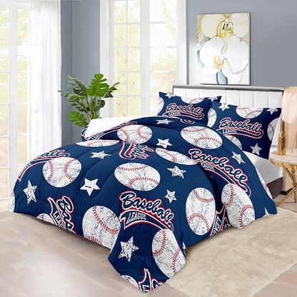 Baseball Comforter Set Full,Sports Bedding Sets for Boys,Blue Sports Comforter Full Bedroom Decor,Baseball Bedding Teen for All Seasons,Blue Quilt Kids Bedroom Decor