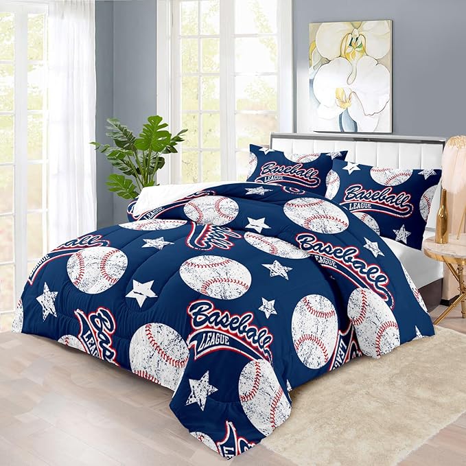 Baseball Comforter Set King,Sports Bedding Sets for Boys,Blue Sports Comforter King Bedroom Decor,Baseball Bedding Teen for All Seasons,Blue Quilt Kids Bedroom Decor