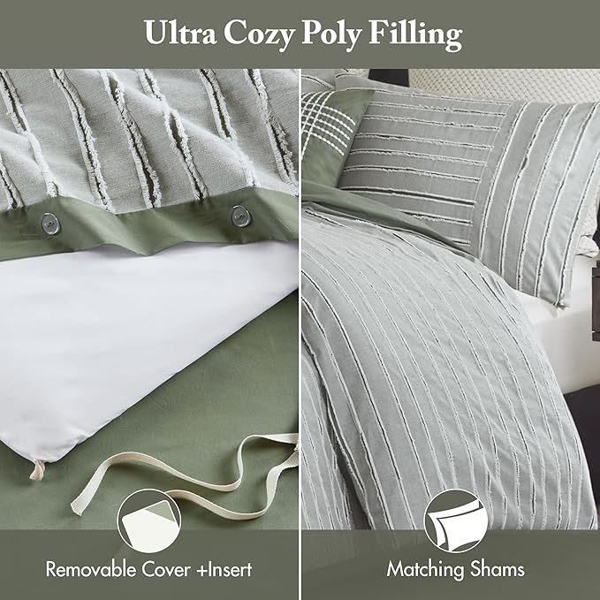 Madison Park Queen Comforter Set Cotton Clipped Jacquard, Oversized Comforters Queen Size Bed, All Season Down Alternative Overfilled Queen Size Comforter, Essence, Full/Queen Green 8 Piece