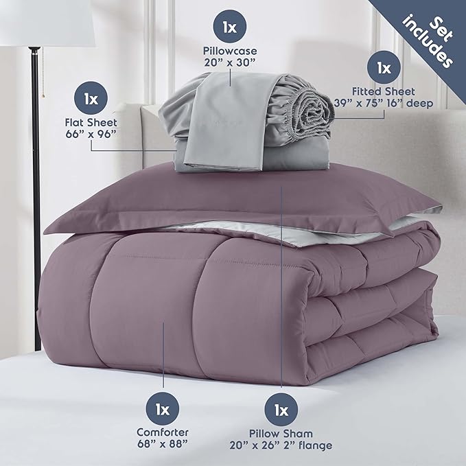 Nestl 5 Piece Twin Comforter Set – Dusty Purple Reversible Bed in a Bag – Complete Twin Size Bedding Set with Sheets, Pillowcase and Sham