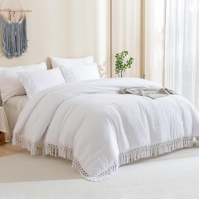 Andency White Comforter Set King, 3 Pieces Boho Tassel Lightweight Soft Bedding Comforter Sets for King Bed, All Season Fluffy Fringe Bed Set (104x90In Comforter & 2 Pillowcases)