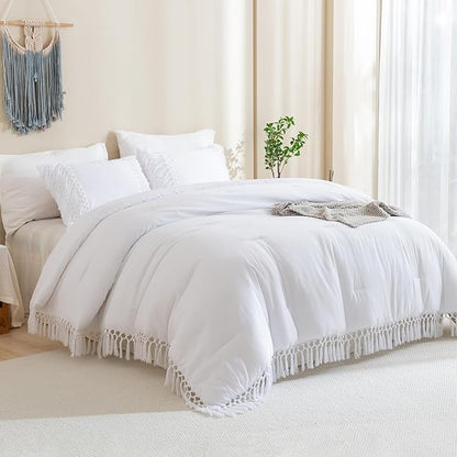 Andency White Comforter Set King, 3 Pieces Boho Tassel Lightweight Soft Bedding Comforter Sets for King Bed, All Season Fluffy Fringe Bed Set (104x90In Comforter & 2 Pillowcases)