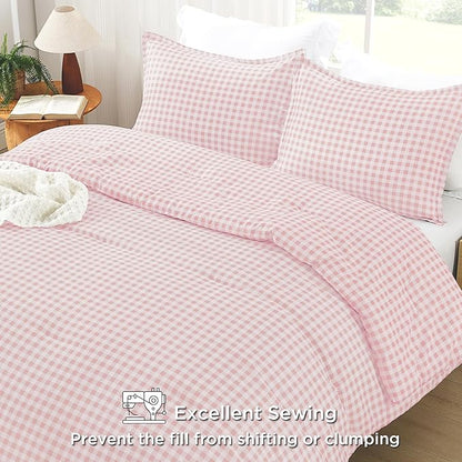 Andency Pink Gingham Comforter Set Queen(90x90Inch), Blush Checkered Grid Plaid Buffalo Bed Set for Girls Boys Kids Teens, 3 Pieces Lightweight Polyester Geometric Preppy Bedding