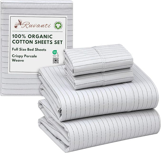 RUVANTI 100% Organic Cotton Sheets Full Size, Percale Weave, GOTS Certified, 4-Piece Set, Deep Pocket 15", Crisp & Breathable, Soft Durable Bedding, Sábanas Algodón Orgánico – Construction Line