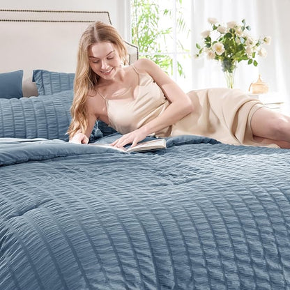 CozyLux Queen Comforter Set Grayish Blue Seersucker 7 Pieces Bed in a Bag Queen Comforter Set with Sheets, Dusty Blue Luxury Bedding Sets with Down Alternative Comforter, Sheets, Pillowcases & Shams