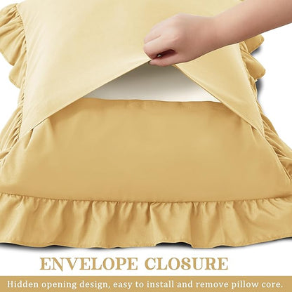 KKJIAF Ruffle Pillow Cases King Size Set of 2, Ruffled Pillow Covers with Envelope Closure, Wrinkle Resistant Ruffled Pillow Shams 20" x 36", Gold