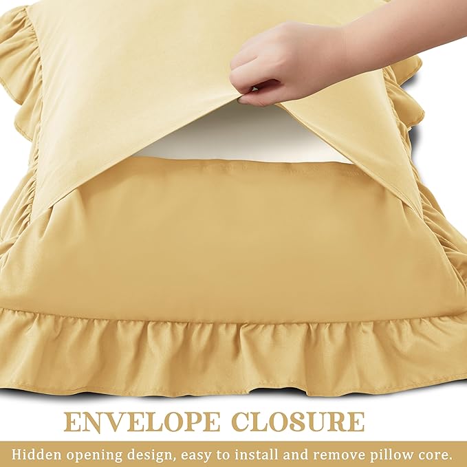 KKJIAF Ruffle Pillow Cases Standard Size Set of 2, Ruffled Pillow Covers with Envelope Closure, Wrinkle Resistant Ruffled Pillow Shams 20" x 26", Gold