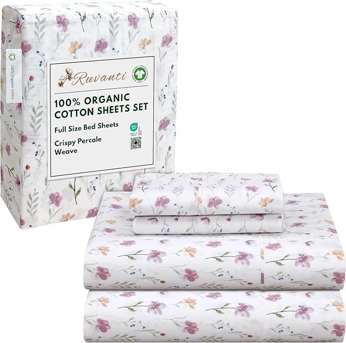 RUVANTI 100% Organic Cotton Sheets Full Size, Percale Weave, GOTS Certified, 4-Piece Set, Deep Pocket 15", Crisp & Breathable, Soft Durable Bedding, Sábanas Algodón Orgánico – Obsessed Stems