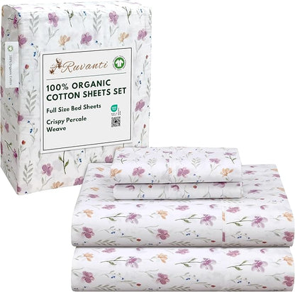 RUVANTI 100% Organic Cotton Sheets Full Size, Percale Weave, GOTS Certified, 4-Piece Set, Deep Pocket 15", Crisp & Breathable, Soft Durable Bedding, Sábanas Algodón Orgánico – Obsessed Stems