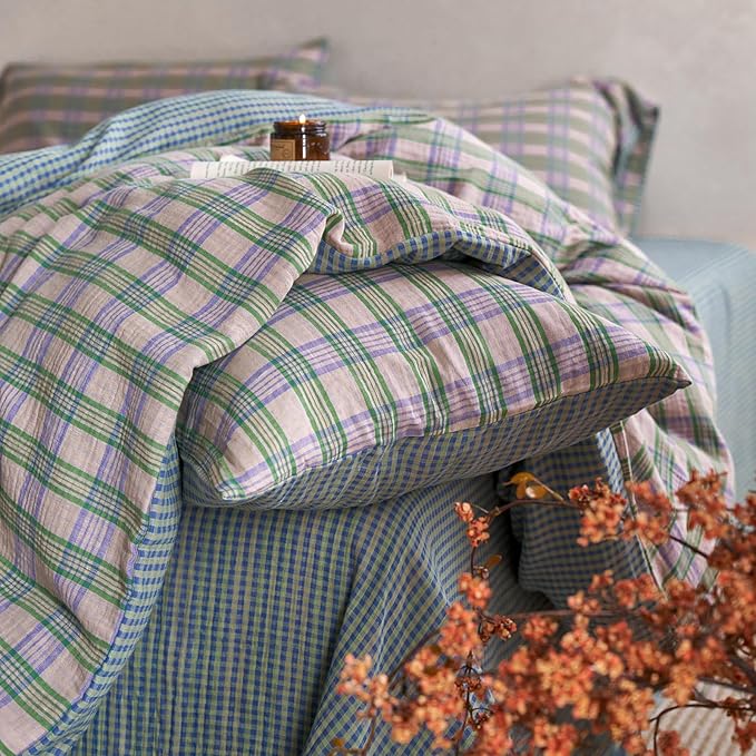 EAVD Vintage Style Pastel Pink Plaid Duvet Cover Set Queen Soft 100% Cotton Muslin Retro Green&Purple Grid Plaid Bedding Set with 2 Pillowcases Aesthetic Gingham Duvet Cover with Zipper Closure