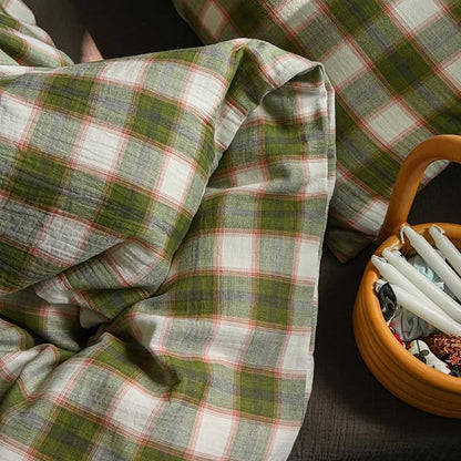 EAVD Vintage Style Gingham Duvet Cover Full Soft 100% Muslin Cotton Yarn-Dyed Textured Chic Pink&Green Grid Plaid Bedding Set with 2 Pillowcases British-Style Plaid Duvet Cover with Zipper