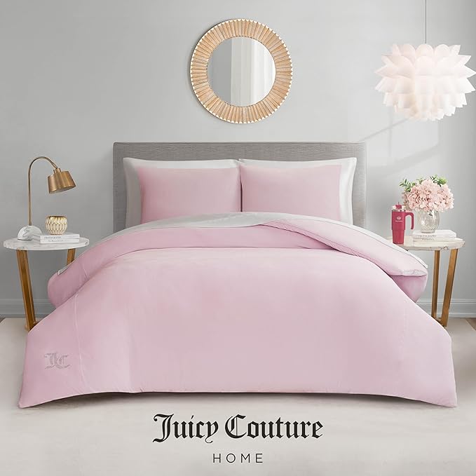 Juicy Couture Marshmallow Pink Velour Full/Queen Comforter Set - 3 Piece Luxury Bedding Ensemble