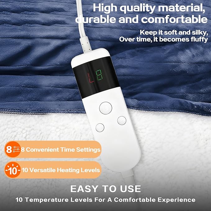 Electric Heated Blanket Throw Size 50''x60''-Control Heating Blanket, Soft & Warm Flannel 10-Level Temperature Control, 8 Hours Auto Off, Rapid Heating & Overheat Protection