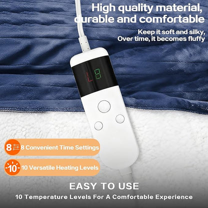 Electric Heated Blanket Throw Size 50''x60''-Control Heating Blanket, Soft & Warm Flannel 10-Level Temperature Control, 8 Hours Auto Off, Rapid Heating & Overheat Protection