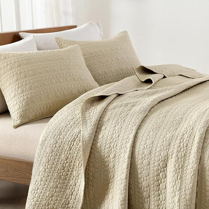 HORIMOTE HOME Quilt Set Queen Size Brich Beige, Classic Geometric Spots Stitched Pattern, Pre-Washed Microfiber Chic Rustic Look, Ultra Soft Lightweight Quilted Bedspread for All Season, 3 Pieces