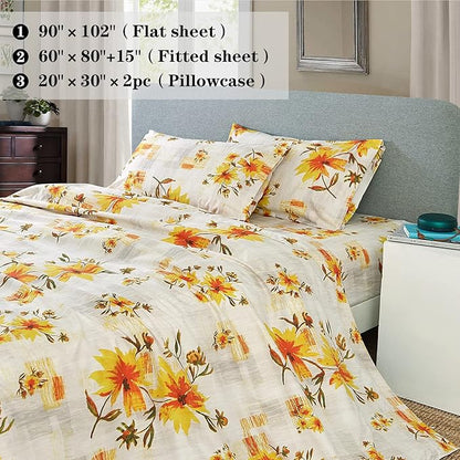 JSD Rustic Yellow Floral Sheet Set Queen Size, 4 Piece Printed Microfiber Bedding Sheets Extra Deep Pocket