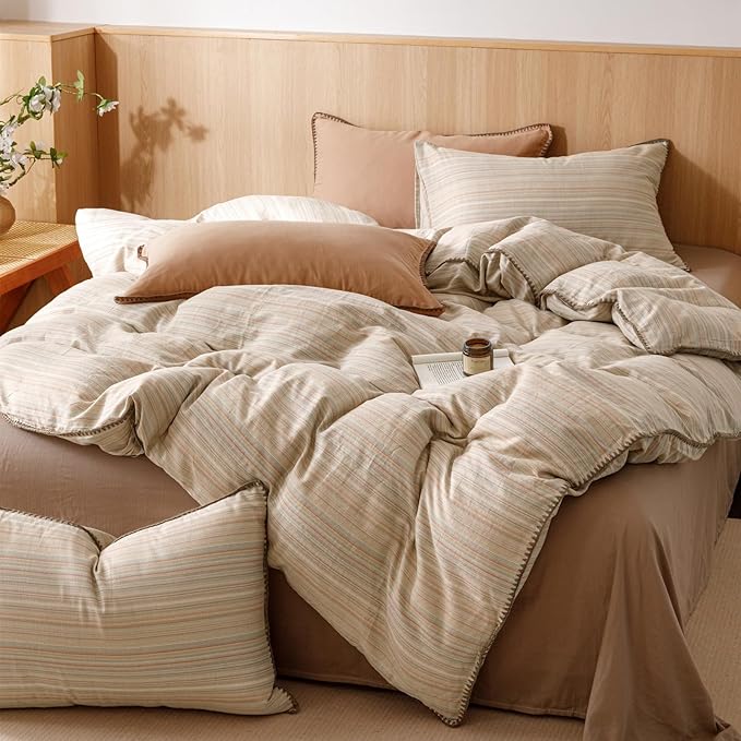 VM VOUGEMARKET Brown Tan Duvet Cover King Striped Pattern Yarn Dyed Muslin Cotton Duvet Cover with Embroidered Edge Super Soft Cozy Bedding Set for Men Women,King Size